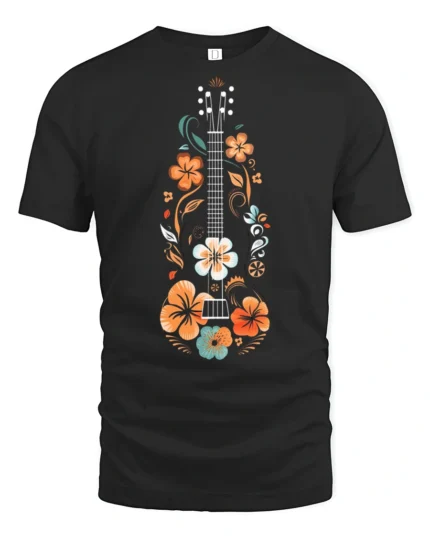 Floral Guitar Music Lover Vintage Folk Art Graphic T Shirt - black t-shirt on white background
