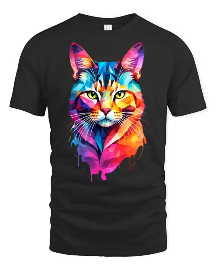 Colorful Geometric Cat Pop Art Graphic T Shirt Vibrant Style - black t-shirt on white background