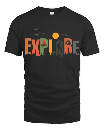 Explore Nature Adventure Hiking Camping Graphic T Shirt - black t-shirt on white background