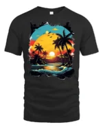 Retro Tropical Sunset Beach Palm Trees Ocean Waves Graphic T Shirt - black t-shirt on white background