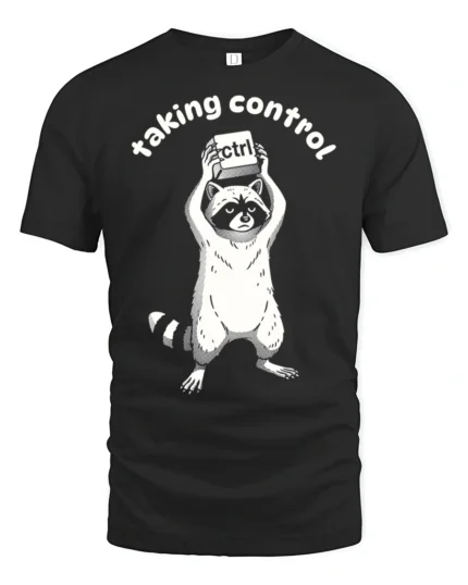 Taking Control Funny Raccoon Keyboard Ctrl Tech Humor T Shirt - black t-shirt on white background