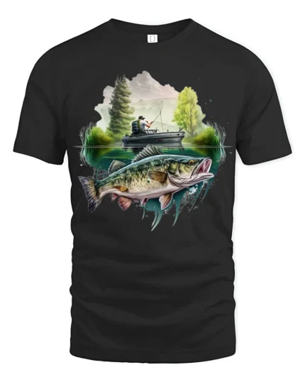 Bass Fishing Adventure Lake Angler Graphic T Shirt - black t-shirt on white background