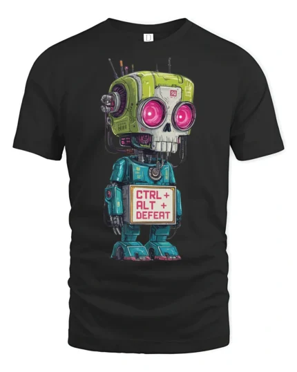 Funny Ctrl Alt Defeat Robot Nerd Humor Graphic T Shirt - black t-shirt on white background