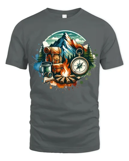 Mountain Camping Adventure Compass Campfire Outdoor Graphic T Shirt - gray t-shirt on white background