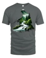 Nature Fishing River Landscape Silhouette Angler Graphic T Shirt - gray t-shirt on white background