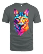 Colorful Geometric Cat Pop Art Graphic T Shirt Vibrant Style - gray t-shirt on white background