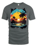 Retro Tropical Sunset Beach Palm Trees Ocean Waves Graphic T Shirt - gray t-shirt on white background