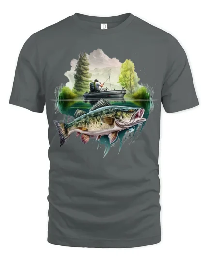 Bass Fishing Adventure Lake Angler Graphic T Shirt - gray t-shirt on white background