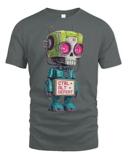 Funny Ctrl Alt Defeat Robot Nerd Humor Graphic T Shirt - gray t-shirt on white background