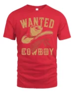 Wanted Cowboy Hat Vintage Western Graphic T Shirt Country Style - red t-shirt on white background