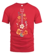 Floral Guitar Music Lover Vintage Folk Art Graphic T Shirt - red t-shirt on white background
