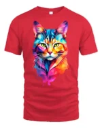 Colorful Geometric Cat Pop Art Graphic T Shirt Vibrant Style - red t-shirt on white background