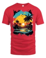 Retro Tropical Sunset Beach Palm Trees Ocean Waves Graphic T Shirt - red t-shirt on white background