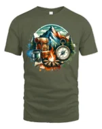 Mountain Camping Adventure Compass Campfire Outdoor Graphic T Shirt - military green t-shirt on white background