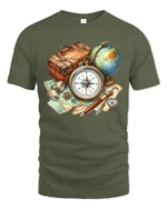 Vintage Travel Compass Map Adventure Explorer Graphic T Shirt - military green t-shirt on white background