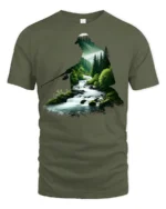 Nature Fishing River Landscape Silhouette Angler Graphic T Shirt - military green t-shirt on white background
