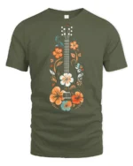 Floral Guitar Music Lover Vintage Folk Art Graphic T Shirt - military green t-shirt on white background