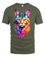 Colorful Geometric Cat Pop Art Graphic T Shirt Vibrant Style - military green t-shirt on white background