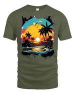 Retro Tropical Sunset Beach Palm Trees Ocean Waves Graphic T Shirt - military green t-shirt on white background
