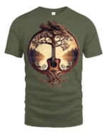 Acoustic Guitar Tree Of Life Nature Music Art Graphic T Shirt - military green t-shirt on white background