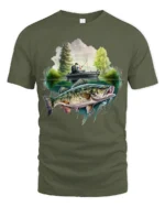 Bass Fishing Adventure Lake Angler Graphic T Shirt - military green t-shirt on white background