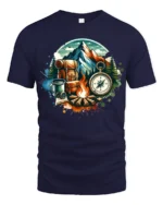 Mountain Camping Adventure Compass Campfire Outdoor Graphic T Shirt - navy t-shirt on white background