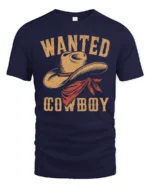Wanted Cowboy Hat Vintage Western Graphic T Shirt Country Style - navy t-shirt on white background