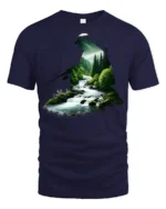 Nature Fishing River Landscape Silhouette Angler Graphic T Shirt - navy t-shirt on white background