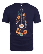 Floral Guitar Music Lover Vintage Folk Art Graphic T Shirt - navy t-shirt on white background