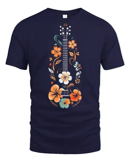 Floral Guitar Music Lover Vintage Folk Art Graphic T Shirt - navy t-shirt on white background