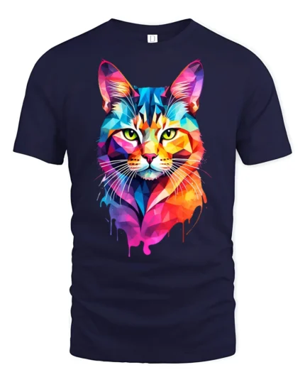 Colorful Geometric Cat Pop Art Graphic T Shirt Vibrant Style - navy t-shirt on white background