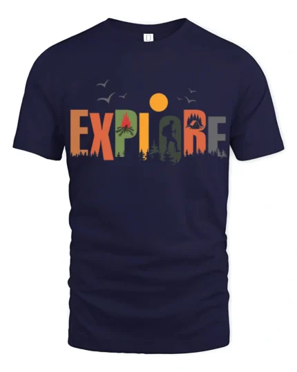 Explore Nature Adventure Hiking Camping Graphic T Shirt - navy t-shirt on white background