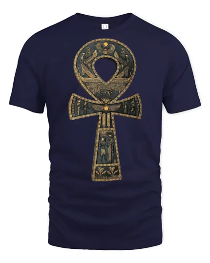 Ancient Egyptian Ankh Symbol Hieroglyphic Art Graphic T Shirt - navy t-shirt on white background