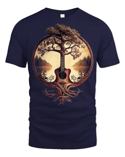 Acoustic Guitar Tree Of Life Nature Music Art Graphic T Shirt - navy t-shirt on white background