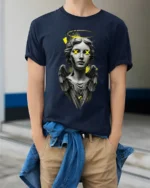 Glitch Angel Statue Street Art Urban Graphic T Shirt Aesthetic Style - model wearing navy tee with hands in pockets