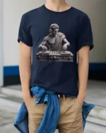 Classical DJ Statue Music Producer Greek Art Graphic T Shirt - model wearing navy tee with hands in pockets