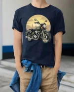 Vintage Classic Motorcycle Rider Retro Biker Graphic T Shirt - model wearing navy tee with hands in pockets
