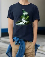 Nature Fishing River Landscape Silhouette Angler Graphic T Shirt - model wearing navy tee with hands in pockets