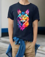 Colorful Geometric Cat Pop Art Graphic T Shirt Vibrant Style - model wearing navy tee with hands in pockets