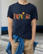 Explore Nature Adventure Hiking Camping Graphic T Shirt - model wearing navy tee with hands in pockets