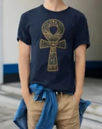 Ancient Egyptian Ankh Symbol Hieroglyphic Art Graphic T Shirt - model wearing navy tee with hands in pockets