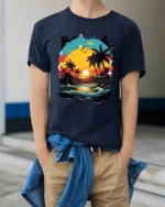 Retro Tropical Sunset Beach Palm Trees Ocean Waves Graphic T Shirt - model wearing navy tee with hands in pockets
