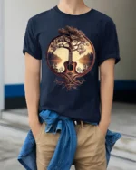 Acoustic Guitar Tree Of Life Nature Music Art Graphic T Shirt - model wearing navy tee with hands in pockets