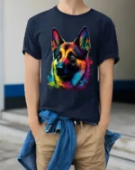 Colorful German Shepherd Pop Art Dog Lover Graphic T Shirt - model wearing navy tee with hands in pockets