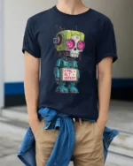 Funny Ctrl Alt Defeat Robot Nerd Humor Graphic T Shirt - model wearing navy tee with hands in pockets