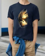 Feather Lake Sunset Nature Landscape Artistic Graphic T Shirt - model wearing navy tee with hands in pockets