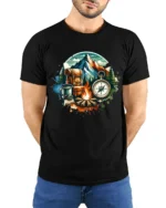 Mountain Camping Adventure Compass Campfire Outdoor Graphic T Shirt - model wearing black tee with hands behind back