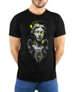 Glitch Angel Statue Street Art Urban Graphic T Shirt Aesthetic Style - model wearing black tee with hands behind back