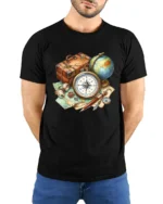 Vintage Travel Compass Map Adventure Explorer Graphic T Shirt - model wearing black tee with hands behind back