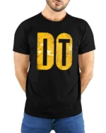 Just Do It Inspired Motivational Bold Typography Graphic T Shirt - model wearing black tee with hands behind back
